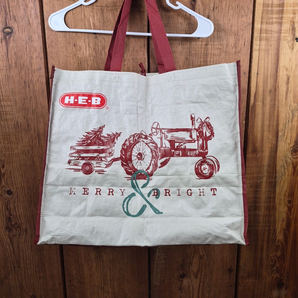 HEB Reusable Grocery Bag Merry & Bright Christmas Tractor Holiday Tote Woven